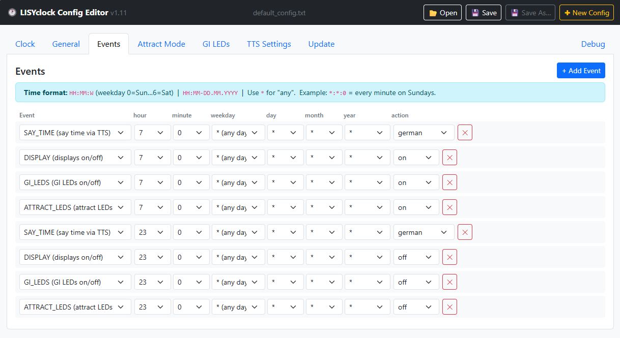 Events tab with multiple entries
